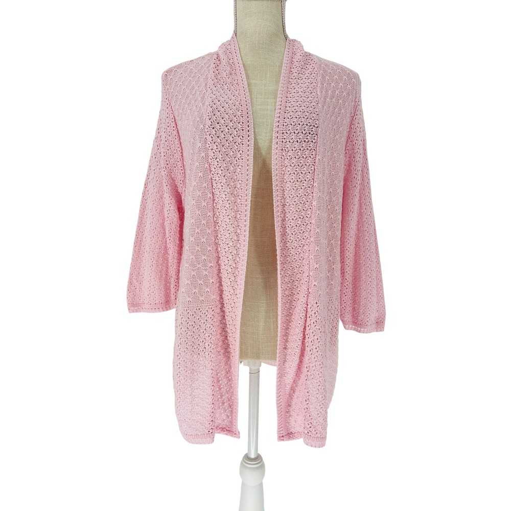 Kim Rogers Cardigan Women XL Pink Pointelle Knit Open Front Shawl Collar